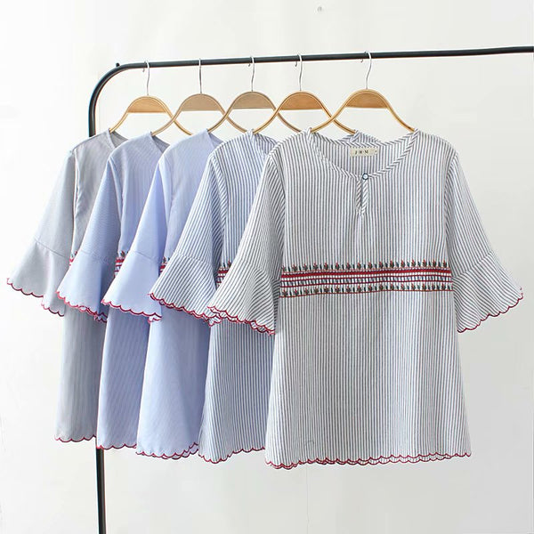 Plus Size Ethnics Stripe Short Sleeve Blouse