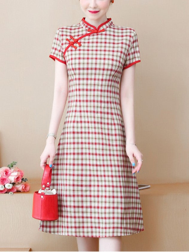 Plus Size Red Checked Cheongsam