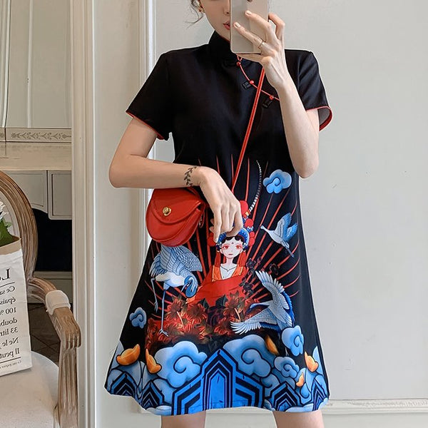 Plus Size Chinese Opera Girl Art Short Sleeve Dress Cheongsam