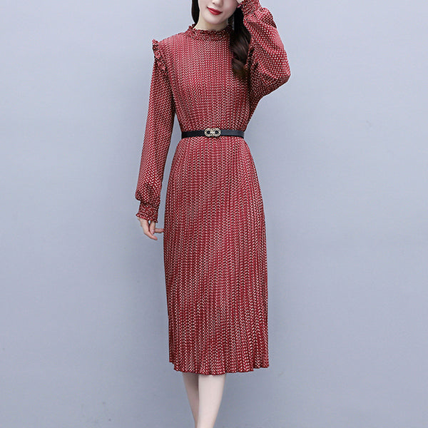 Plus Size Red High Neck Pleats Long Sleeve Midi Dress