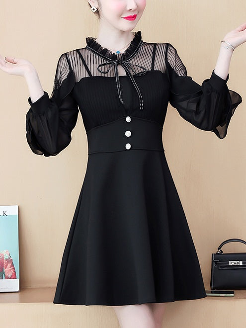 Tracey Plus Size Dressy Chanel-Esque Frill Sleeve Sheer Shoulder Buttons Swing Long Sleeve Dress (Black)
