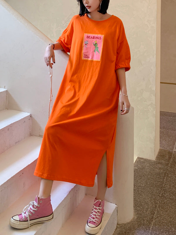 Deane Plus Size Stamp Graphic Short Sleeve Midi Dress (Orange, Grey)