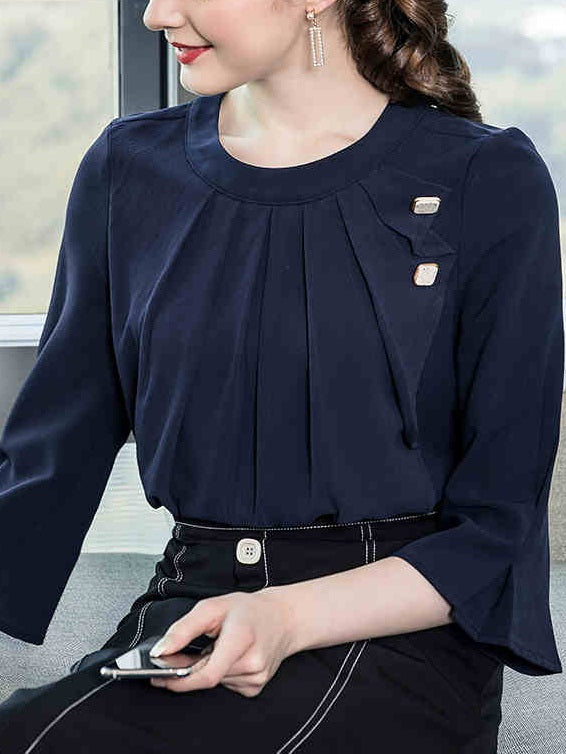 Yeva Plus Size Navy Blue Office Professional Pleat Bell Sleeve High Neck Mid Sleeve Blouse