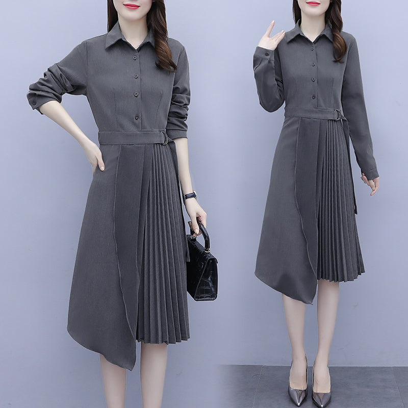 Kindle Plus Size Pleated Long Sleeve Midi Shirt Dress