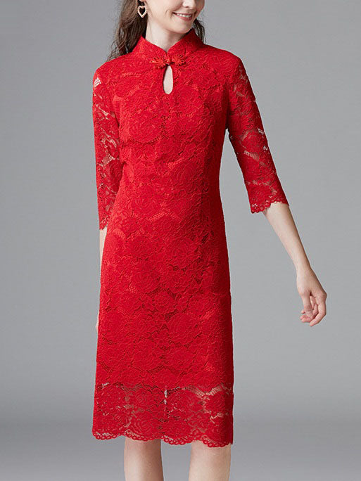 Shoshanah Red Lace Keyhole Oriental Scallop Hem Qipao Cheongsam Swing Mid Sleeve Dress