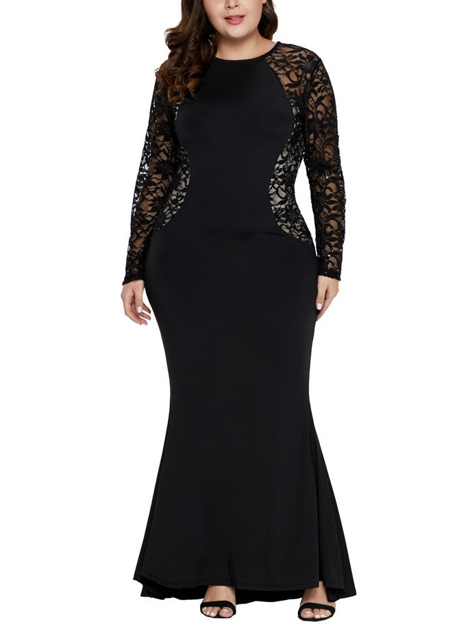 Sophie-Marie Plus Size Dinner Occasion Formal Red Carpet Dress Fishtail Mermaid Sexy Lace Side Panel See Through Lace Sleeves Slimming With Sleeves Long Sleeve Maxi Dress (Black, Red) (EXTRA BIG SIZE)