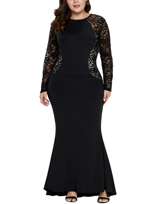 Sophie-Marie Plus Size Dinner Occasion Formal Red Carpet Dress Fishtail Mermaid Sexy Lace Side Panel See Through Lace Sleeves Slimming With Sleeves Long Sleeve Maxi Dress (Black, Red) (EXTRA BIG SIZE)