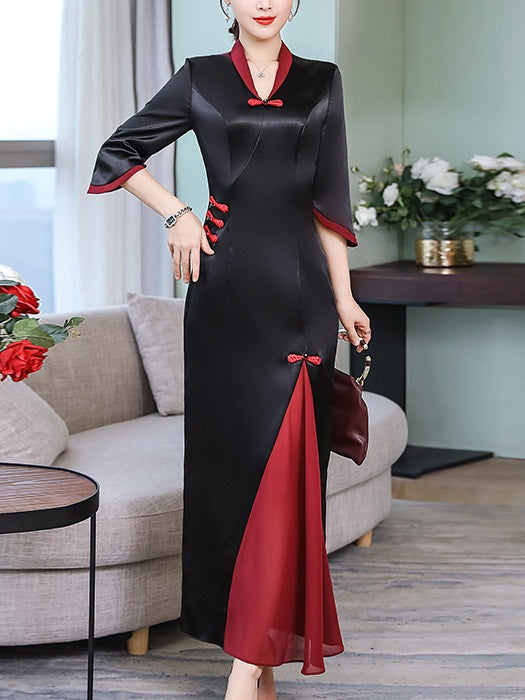 Trissa Plus Size Cheongsam Qipao Chinese Buttons Sateen Sheen Fitted Black Mid Sleeve Maxi Dress Gown (Suitable For Weddings, Chinese New Year, Office And Weekends)
