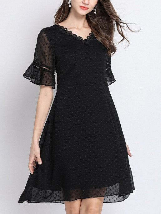 Quinn Black Lace Wrap V Neck Pindots Swing Dress