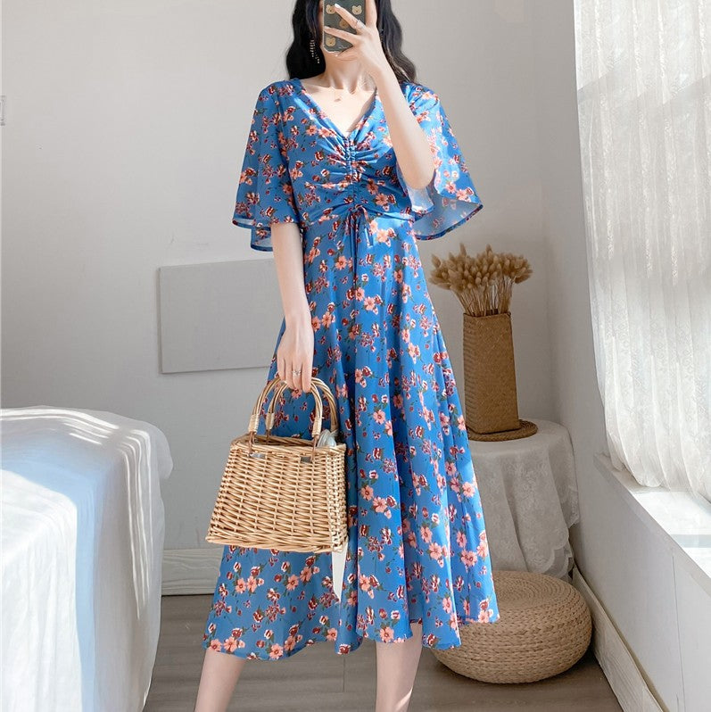 Ketzalli Plus Size Korean Blue Floral Chiffon Short Sleeve Midi Dress