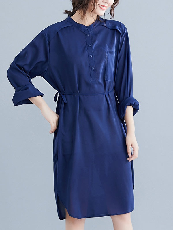 Rebeka Chiffon Mandarin Collar Side Curve Shirt Blouse / Dress (Black, Blue)