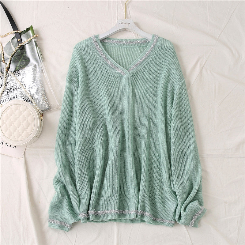 Kitianna Plus Size Shimmer V Neck Loose Long Sleeve Sweater Top