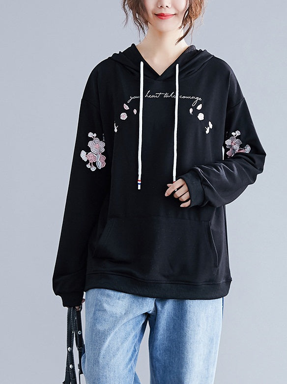 Ruathy Floral Embroidery Hoody L/S Sweater Top (EXTRA BIG SIZE) (Pink, Black)