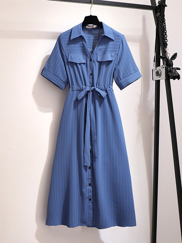 Xavia Plus Size Stripes Waist Tie Button Down Short Sleeve Midi Shirt Dress (EXTRA BIG SIZE) (White, Blue)
