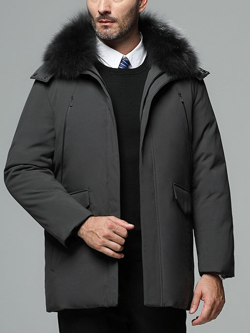 Men's Plus Size Down Padded Fur Collar Formal Work Office Winter Jacket Coat (Black, Khaki, Grey, Dark blue)