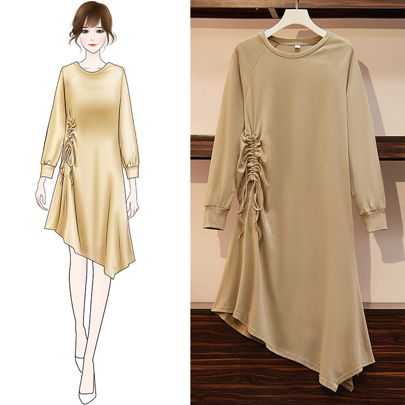 Shanon Knit Side Scrunch Ribbon Tie L/S Dress (Khaki, Black) Made of Polyester Stretch: Some