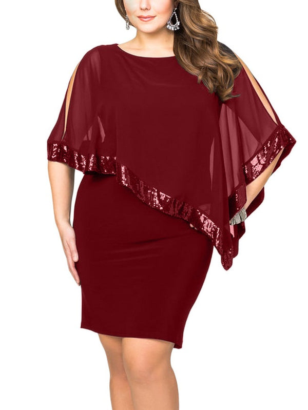 Tamsyn Plus Size Red Peek A Boo Exposed Shoulder Layer Sequins Mid Sleeve Dress (EXTRA BIG SIZE) (Suitable For Party, Chinese New Year, Weddings)