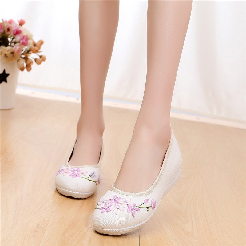 Tichael Cream Colour Oriental Embroidery Maryjanes Wedges Covered Toes Canvas Ballet Flats Shoes