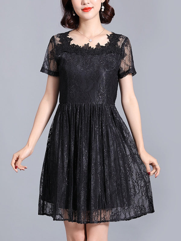 Roisin Square Neck Lace Pleat Swing Plus Size Formal Occasion Bridesmaid Wedding S/S Dress (Pink, Black)