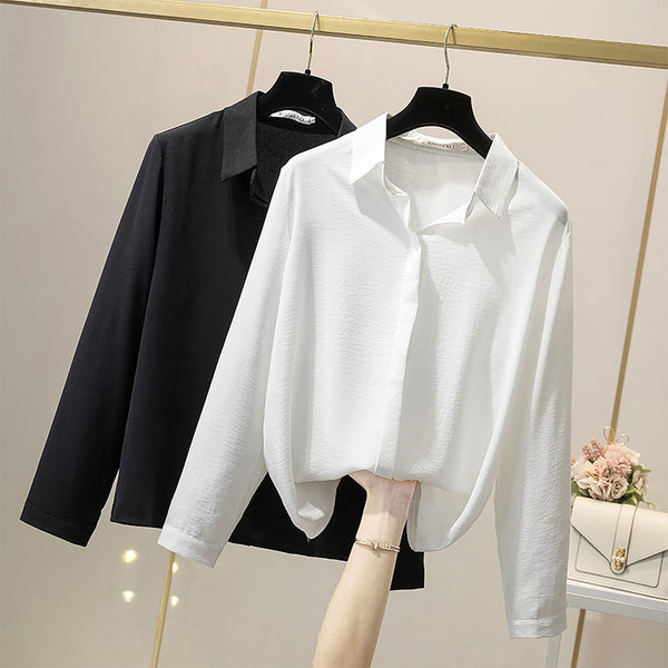 Plus Size Chiffon Basic Long Sleeve Shirt Blouse