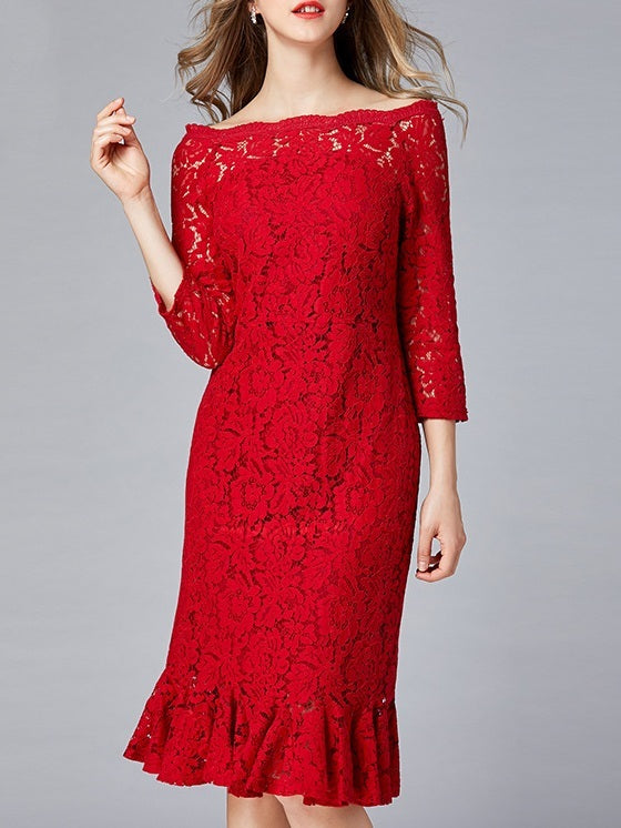 Michelina Red Off Shoulder Lace Mermaid Plus Size Formal Wedding Occasion Cocktail L/S Dress