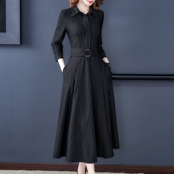 Plus Size Black Stripes Mid Sleeve Midi Shirt Dress