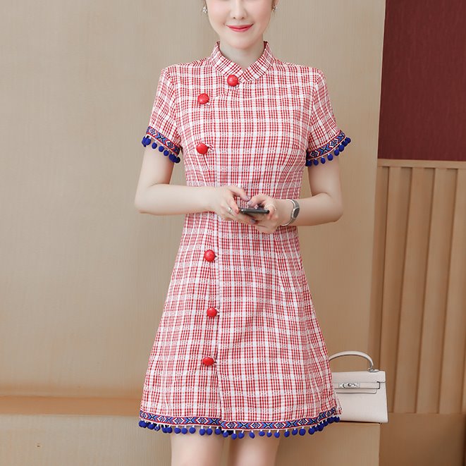 Plus Size Red Ethnic Big Buttons Short Sleeve Dress Cheongsam