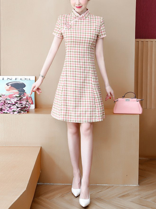 Plus Size Pink Checked Cheongsam