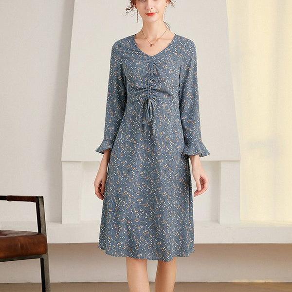 Plus Size Blue Floral Gather Chiffon Mid Sleeve Dress