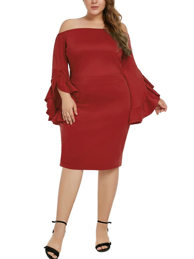 Sophina Plus Size Dinner Occasion Formal Wedding Red Carpet Dress Off Shoulder Bodycon Wide Flare Sleeves With Sleeves Long Sleeve Dress (Red, Black) (EXTRA BIG SIZE)