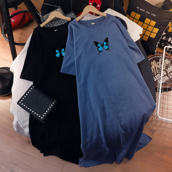 Leona Plus Size Blue Butterfly Cotton Short Sleeve Midi T Shirt Dress
