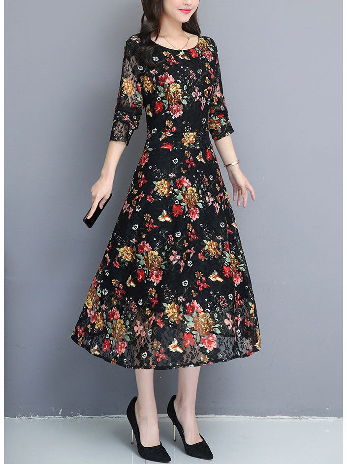Shanda Floral Print Lace Swing L/S Midi Dress (Blue, Black)