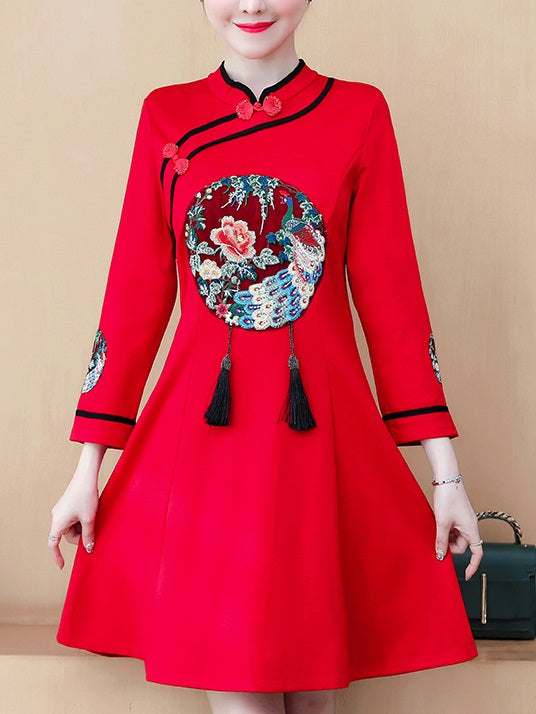 Traci Plus Size Cheongsam Qipao Chinese Birds Tassels Embroidery Long Sleeve Dress (Red)