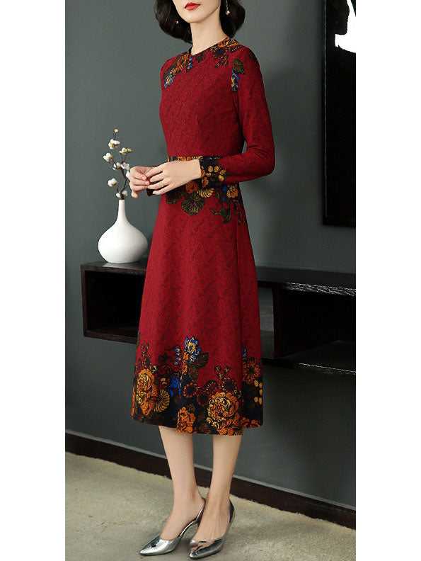 Sunna Plus Size Wedding Dinner Formal Work Dress Lace Printed Long Sleeve Midi Dress (Blue, Red)