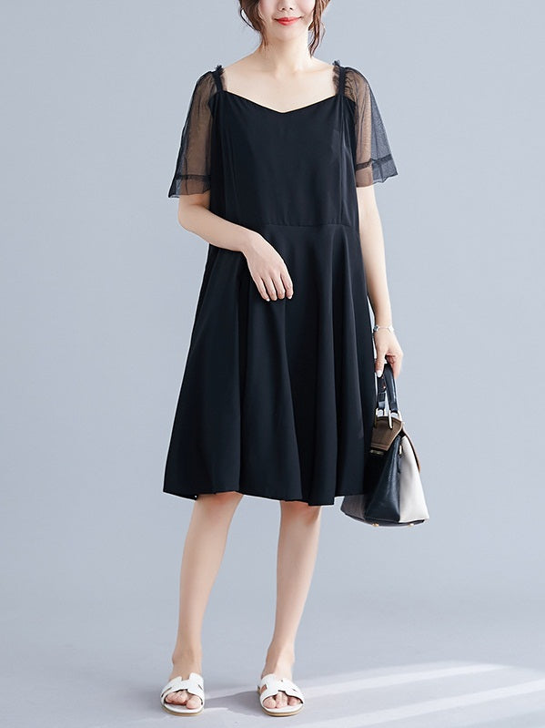 Rebekah Mesh Sleeve Black Swing Dress