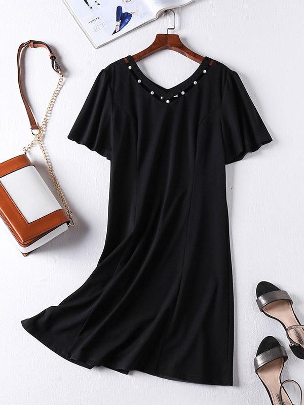 Pearls V Neck Black S/S Dress