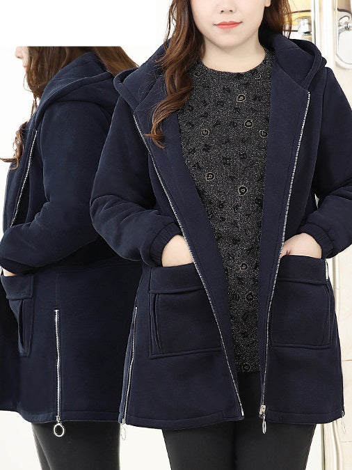 Synne Plus Size Thick Fleece Zip Up Hoody Pockets Blue Winter Jacket (EXTRA BIG SIZE)
