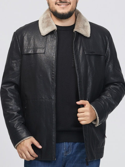 Men's Plus Size PU Leather Fur Collar Down Filling Inner Winter Jacket (Black, Brown)