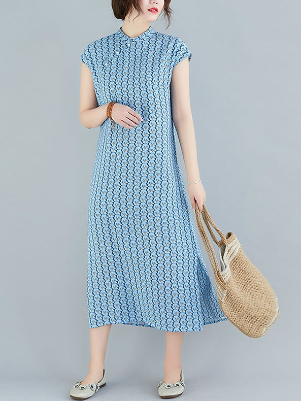 (Bust 104-116 CM) Tordis Plus Size Modern Printed Pearl Button Cheongsam Qipao Short Sleeve Midi Dress (Cream, Blue)