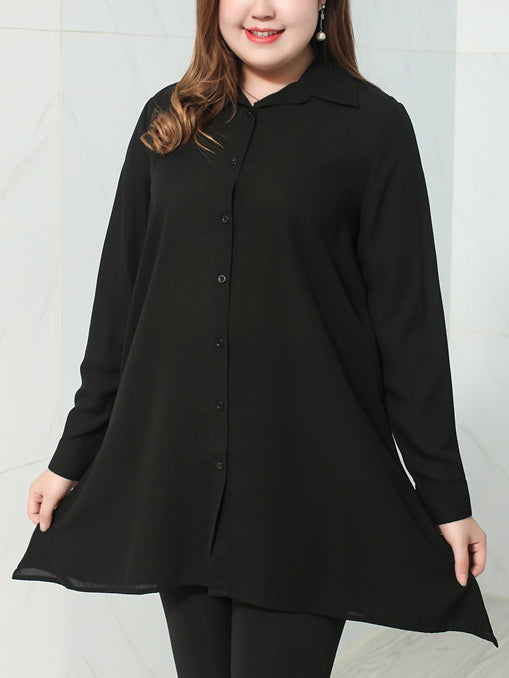 Vanesa Plus Size Chiffon Black A-Line Long Sleeve Shirt Blouse (EXTRA BIG SIZE) (Black)