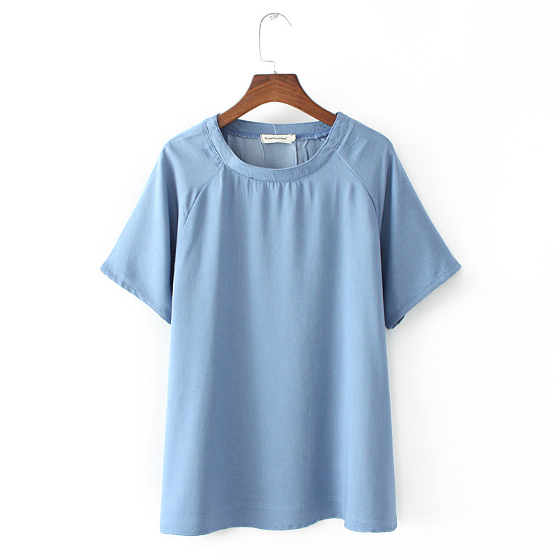 Ysobelle Plus Size Tencel Denim Round Neck Short Sleeve Blouse (Light Blue, Dark Blue)