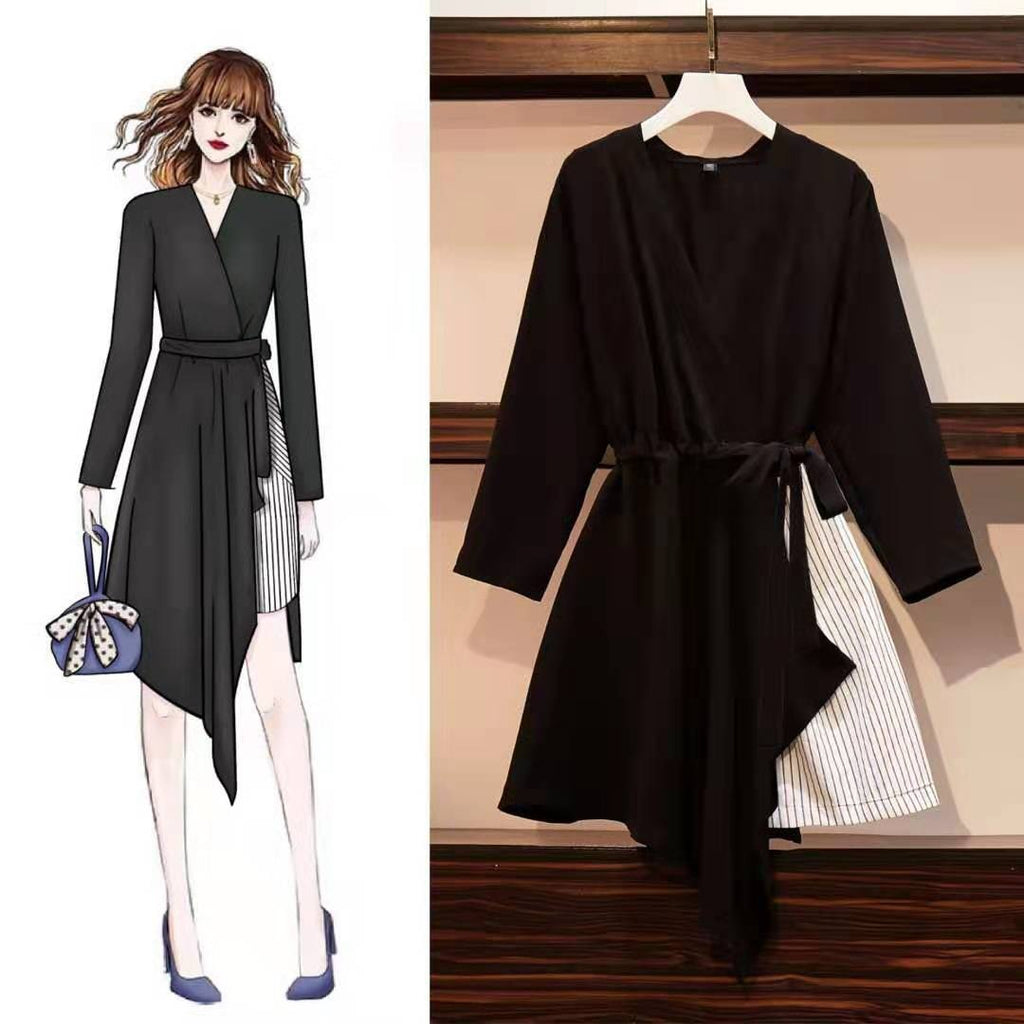 Shanta V Neck Wrap Neckline Waist Tie Stripe Side L/S Dress