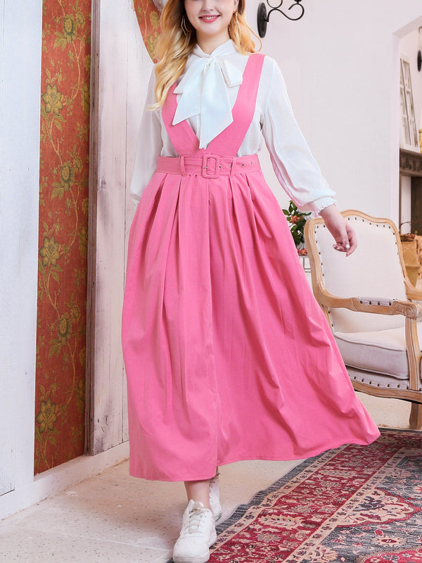 Tate Plus Size Bright Pink V Neck Belted Maxi Skirt / Dungaree Dress / Pinafore Dress (EXTRA BIG SIZE)