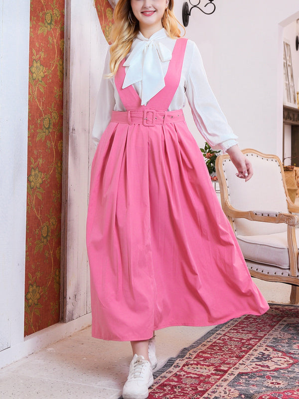 Tate Plus Size Bright Pink V Neck Belted Maxi Skirt / Dungaree Dress / Pinafore Dress (EXTRA BIG SIZE)