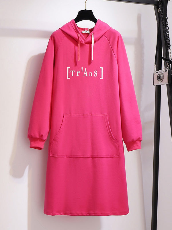 Xavianna Plus Size Embroidery Words Sweater Hoody Long Sleeve Dress (EXTRA BIG SIZE) (Pink, Black)