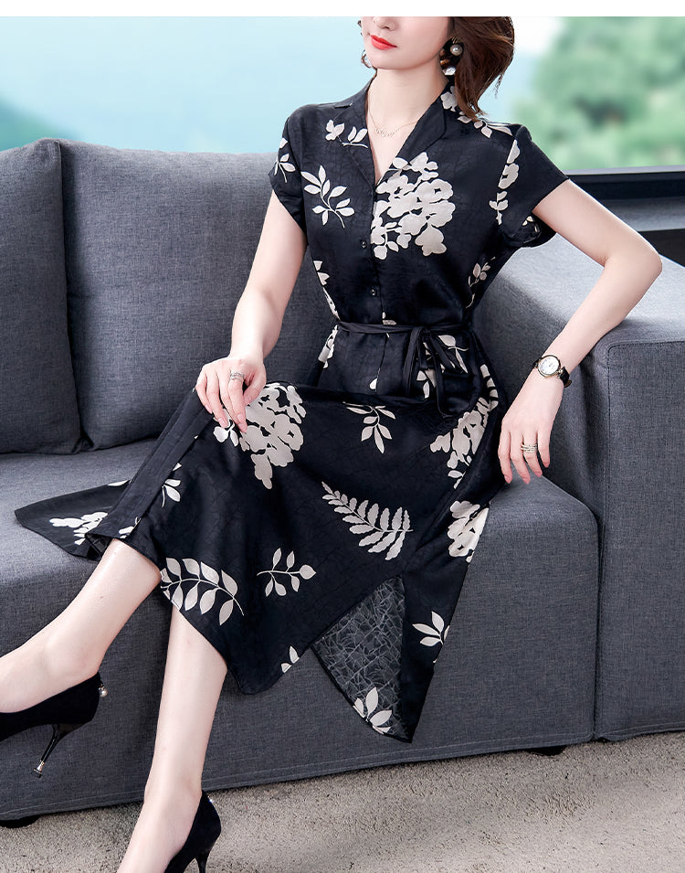 knee length dresses for ladies Donna Karan Women's Cotton-Sateen Floral Midi Shirt Dress in Black main image 1