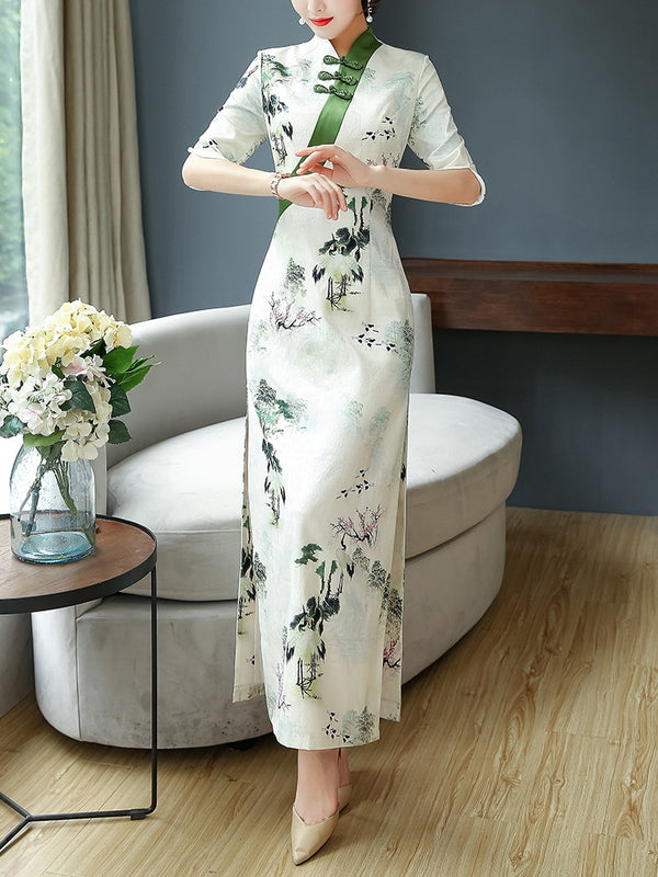 Treslyn Plus Size Cheongsam Qipao Cream Chinese Cranes Green Trim Hanbok Japanese Inspired Mid Sleeve Maxi Dress Gown (Suitable For Weddings, Chinese New Year, Red Carpet Events, Mother Of The Bride And Occasion Wear)