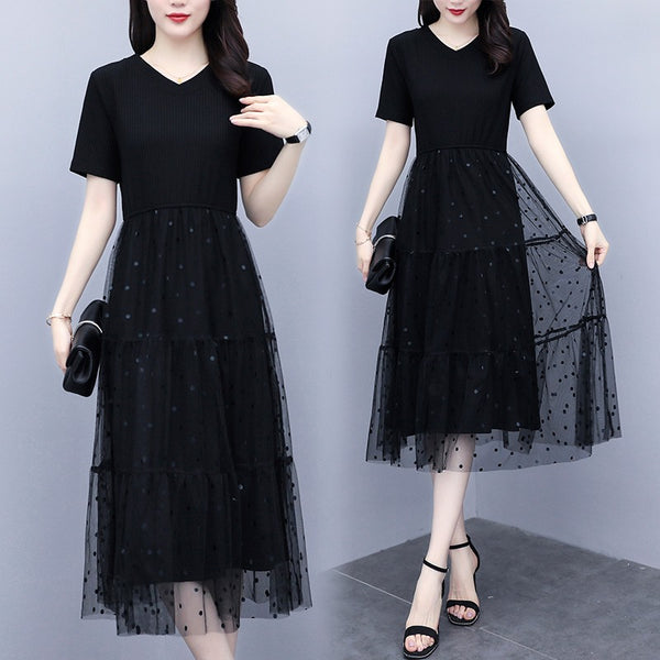 Plus Size Polka Dots Tulle Tier V Neck Short Sleeve Midi Dress