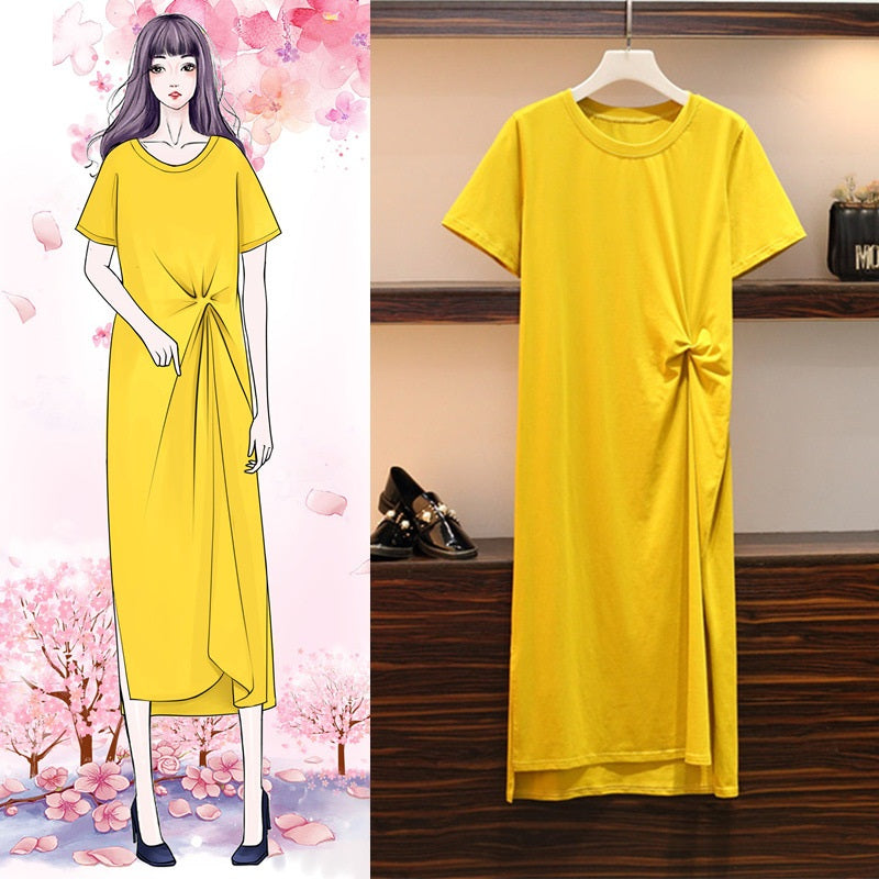 (Special Price) Saffron Twist Slit S/S Midi Tee Shirt Dress (Yellow, Black)