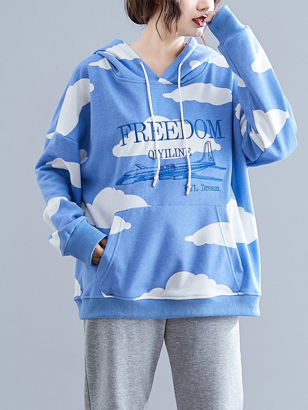 Wylla Plus Size Light Blue Clouds Kangaroo Pockets Sweater Hoody Autumn Long Sleeve Top (EXTRA BIG SIZE)